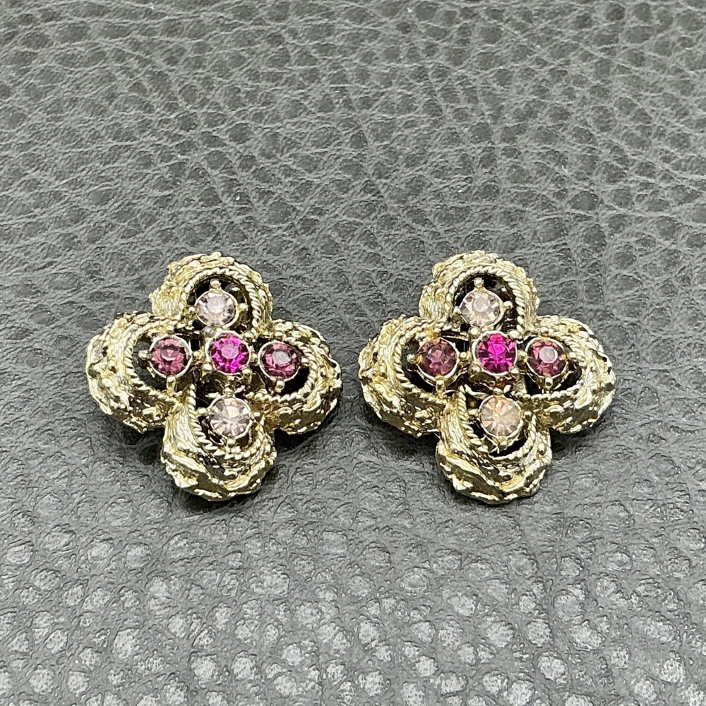 Vintage Coro Signed Clip On Earrings Gold Tone Pink Rhinestone Floral Cluster